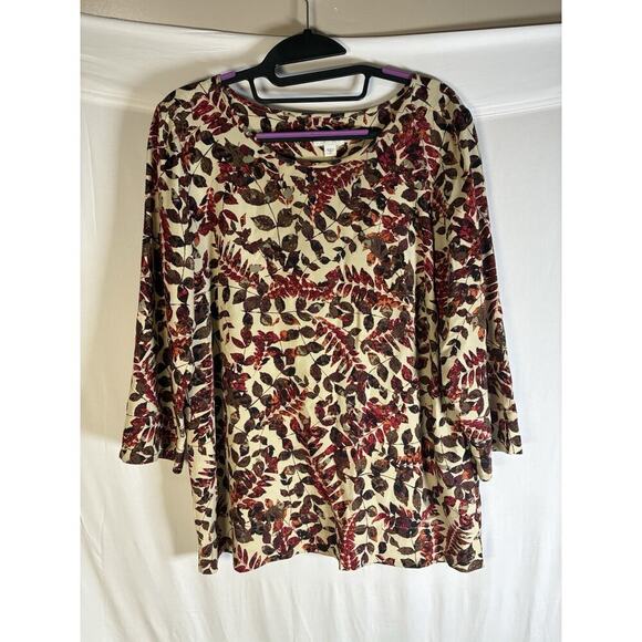 J Jill Tops - J Jill Womens M Cream Autumn Leaf Print Viscose Button Back Tunic Top Coastal